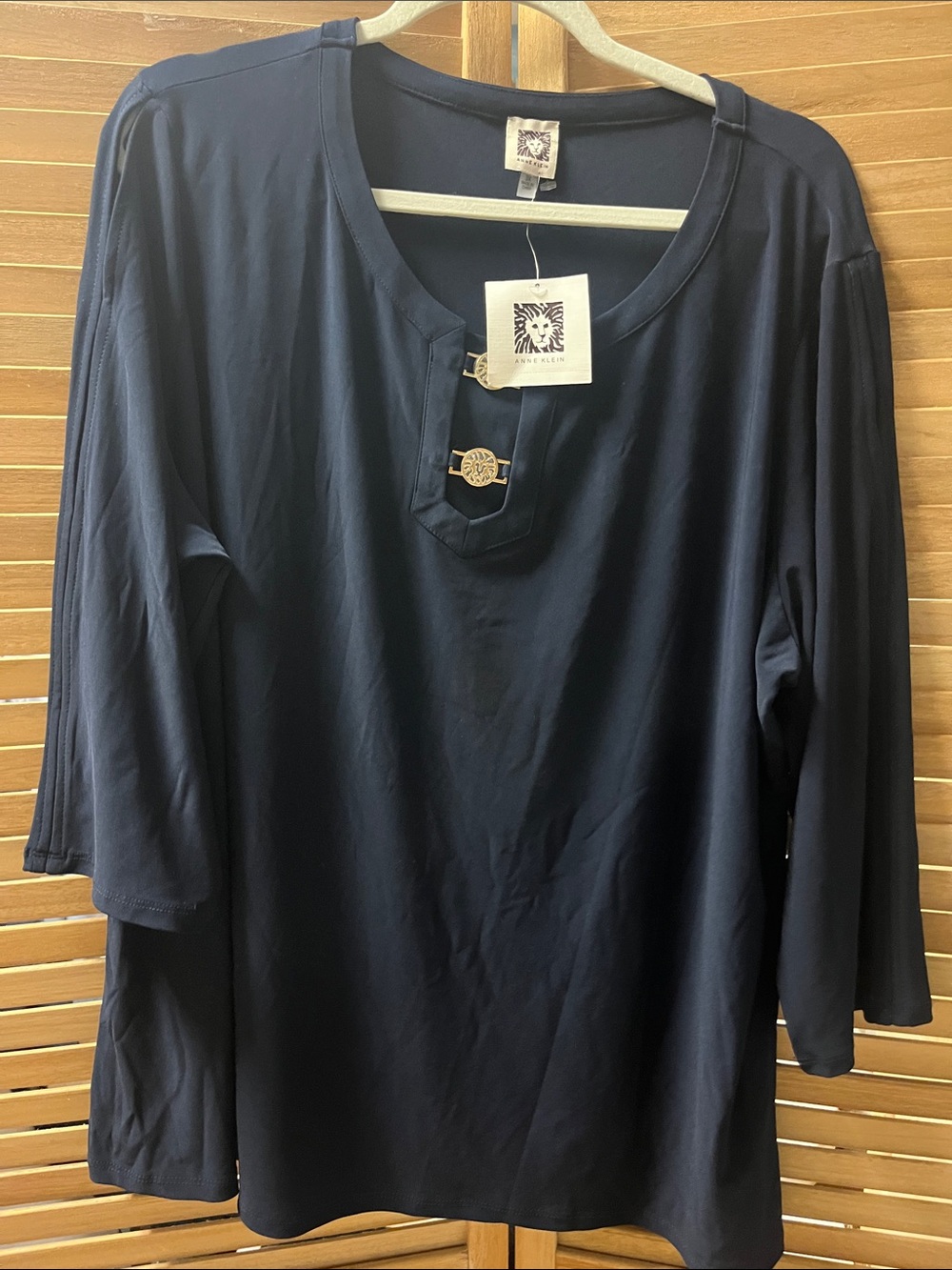Anne Klein Navy Long-Sleeve Tunic with Gold-Tone Accent